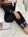 Contrast Lace Off Shoulder Thermal Underwear Set