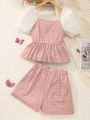 Tween Girls Gingham Puff Sleeve Top And Shorts Set