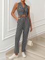 SHEIN Frenchy Houndstooth Vest Blazer And Trousers Suit Set