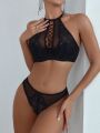 Women's Patchwork Lace Cross Front Halter Bralette And Panty Set With Hollow Out Detail