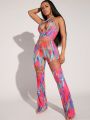 Asavvy Allover Print Crisscross Backless Halter Top & Flare Leg Pants