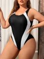 SHEIN Swim SPRTY Plus Size Women's Colorblock Hollow Back One-Piece Swimsuit