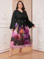 SHEIN Modely Plus Size Flower Print Contrast Plush Hem Belted Dress With Flared Sleeves And Ribbon Decoration
