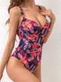 SHEIN DD+ Women's Tropical Print Push Up One Piece Swimsuit