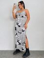 SHEIN Coolane Plus Size Women's Newspaper Print Split Hem Cami Dress