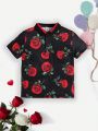 SHEIN Kids EVRYDAY Young Boys' Casual Flower Pattern Polo T-Shirt With Collar, Short Sleeve