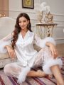 Women's Long Sleeve Lace Patchwork Pajama Set With Long Pants