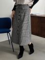 FRIFUL Women'S Houndstooth Checked Single Breasted A-Line Midi Skirt