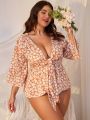 SHEIN Swim Mod Plus Size Printed Kimono Dress With Flowing Ribbons