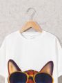 SHEIN Boys' Casual Loose Knitted T-shirt With Cat Animal Print Round Neck Sweatshirt