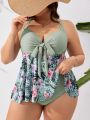 SHEIN Swim Classy Plus Size Tropical Print Spliced Knot Front Bikini Set