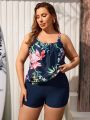 SHEIN Swim SPRTY Plus Size Tropical Print Vest Top And Shorts Tankini Swimsuit Set