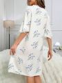 Floral Print Lace Trimmed Bell Sleeve Sleep Dress