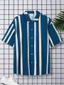 SHEIN Teen Boys' Casual Striped Digital Print Short Sleeve Top Shirt, Suitable For Summer