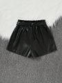 SHEIN Kids FANZEY Tween Girl Paperbag Waist Belted PU Leather Shorts