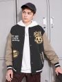 SHEIN Teen Boy Slogan Graphic Colorblock Drop Shoulder Varsity Jacket Without Hoodie