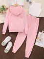 3pcs Teenage Girls' Casual Hoodie With Printed Long Sleeve And Zipper Closure, And Sports Pants Set, Autumn/Winter