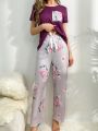 Floral Printed Short Sleeve Top And Long Pants Pajama Set