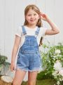 Young Girls' Basic Casual College Style Light Blue Washed Distressed Denim Overall Shorts