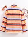 SHEIN Kids Academe Tween Boy Striped Kangaroo Pocket Half Button Fuzzy Sweatshirt