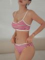 DAZY Ribbed Knit Striped Bikini Swimwear Set + Swim Skirt