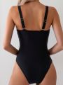 SHEIN Swim Chicsea Mesh Insert Deep V-Neck One Piece Swimsuit