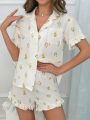 Floral Print Ruffle Trim PJ Set