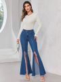 SHEIN Privé Split Thigh Flare Leg Jeans