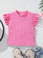 SHEIN Kids Cooltwn Girls' Casual Street Style Round Neckline Pearl Stud Short Sleeve T-shirt