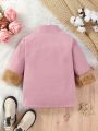 Baby Girls' Pink Double-breasted Woolen Coat With Fur Sleeves And Double Pockets