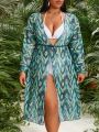 SHEIN Swim Vcay Plus Size Women's Geometric Printed Long Sleeve Kimono Cardigan