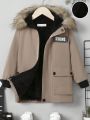 SHEIN Young Boy Letter Patched Detail Fuzzy Trim Teddy Lined Coat