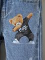 SHEIN Young Boy Bear Print Ripped Frayed Straight Leg Jeans