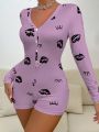 Women's Lip Print Pattern Short Jumpsuit Pajamas