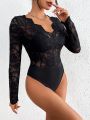 SHEIN Privé Ladies' Elegant Black Lace Bodysuit