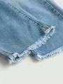 SHEIN Young Girls' Light Blue Elastic Waist Ruffle Fringe Hem Distressed Jeans For Spring/Summer