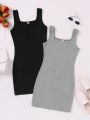 SHEIN Teen Girls' Sleeveless Ribbed Knit Square Neck Bodycon Dress 2pcs/set