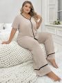 Plus Size Solid Color Top And Pants Homewear Set