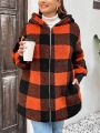 SHEIN LUNE Plus Size Plaid Double-sided Hooded Fleece Jacket