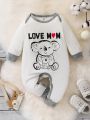 Baby Boy Letter & Cartoon Graphic Contrast Binding Jumpsuit