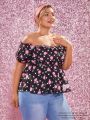 SHEIN Plus Floral & Polka Dot Print Off Shoulder Peplum Top