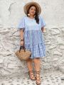 SHEIN CURVE+ Plus Size Striped & Plaid Pattern Bell Sleeve Dress