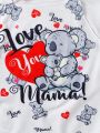 Baby Boy Cute Koala Printed Romper With Bowtie Collar And Elastic Waist Shorts