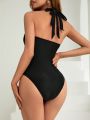 SHEIN DD+ Mesh Insert Cross Detail One Piece Swimsuit