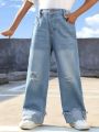 Girls' Vintage College Style Basic Distressed Loose Fit Casual Comfortable Wide Leg Jeans