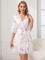 Ladies' Lace Trimmed Floral Printed Robe