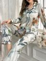 Women's Plant Printed Collar Imitated Silk Pajama Set