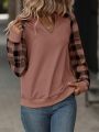 Plaid Notched Collar Raglan Sleeve Sweatshirt