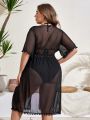 SHEIN Swim Basics Plus Size Fur Ball Trim Drawstring Waist Kimono Dress