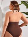 SHEIN Swim Vcay Plus Size Deep V-Neck Halter One Piece Swimsuit With Backless Design